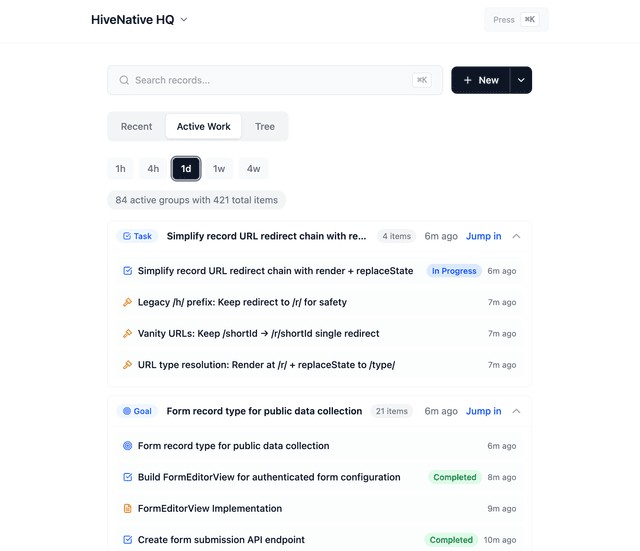 Active tasks view showing claimed work items grouped by status