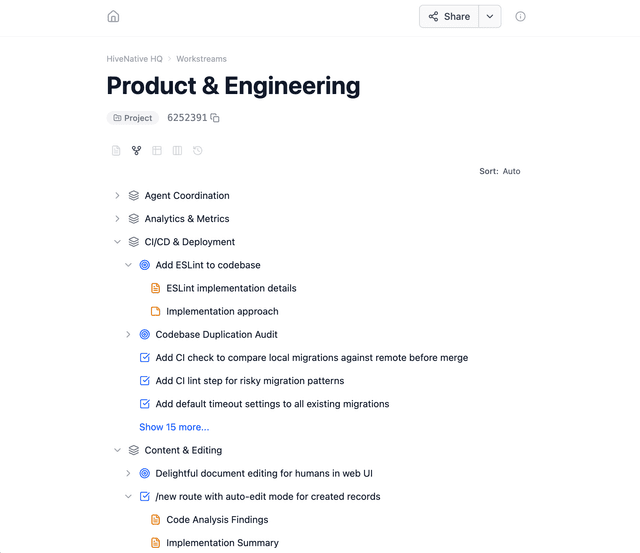 Project tree view showing nested tasks, decisions, and documents